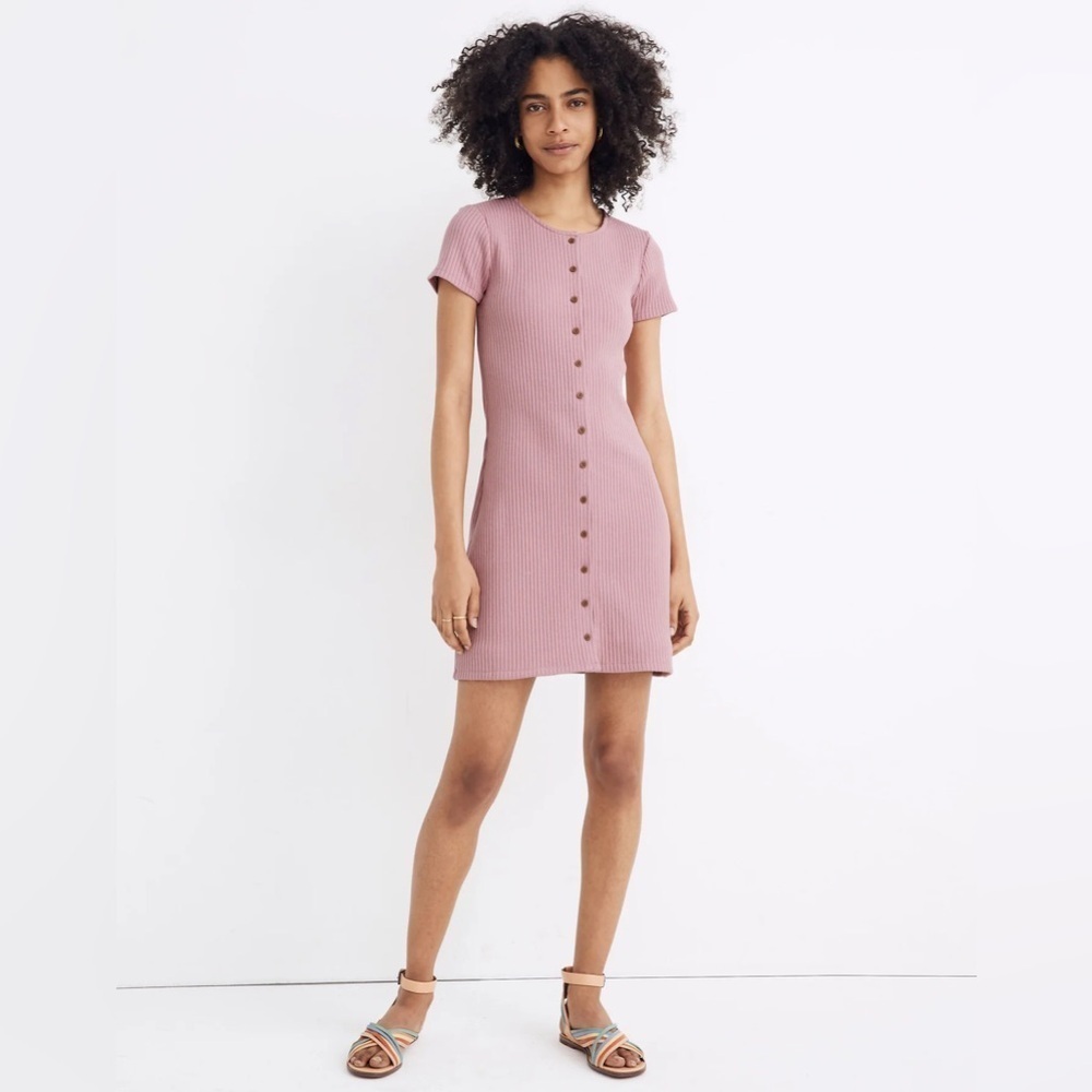Madewell Button-Front Ribbed Mini Dress in Weathered Berry, Size XXL